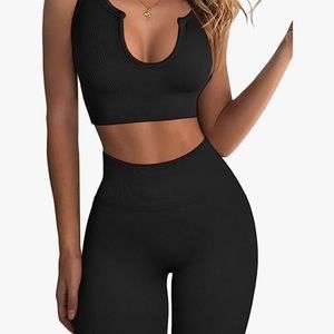 QINSEN Workout Outfit 2 Piece Seamless Crop Top High Waist Leggings